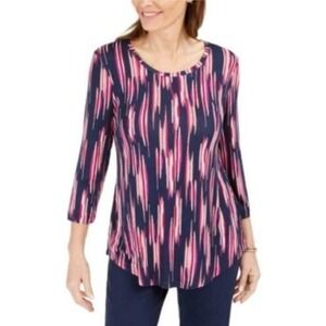 JM Collection Women's Size S 3/4‎ Sleeve Tunic Top Navy Pink Abstract Print NWT